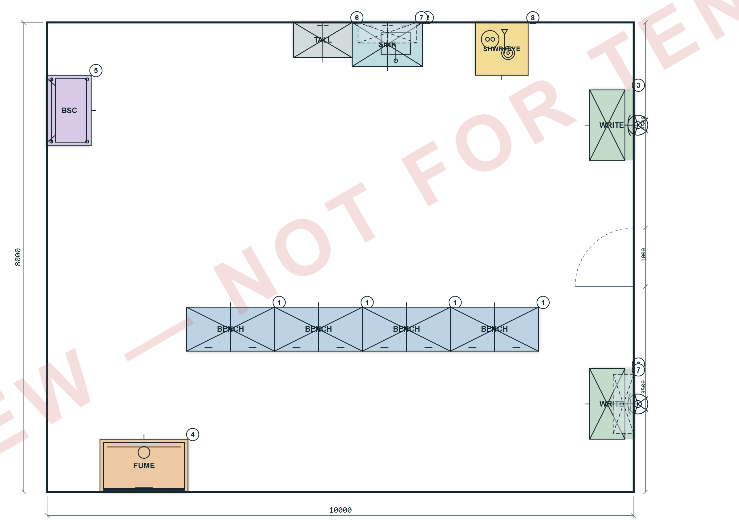 Crop of the sample presentation plan: room outline with bench islands, fume cupboard, safety cabinet, dimension chains, balloon markers and the preview watermark