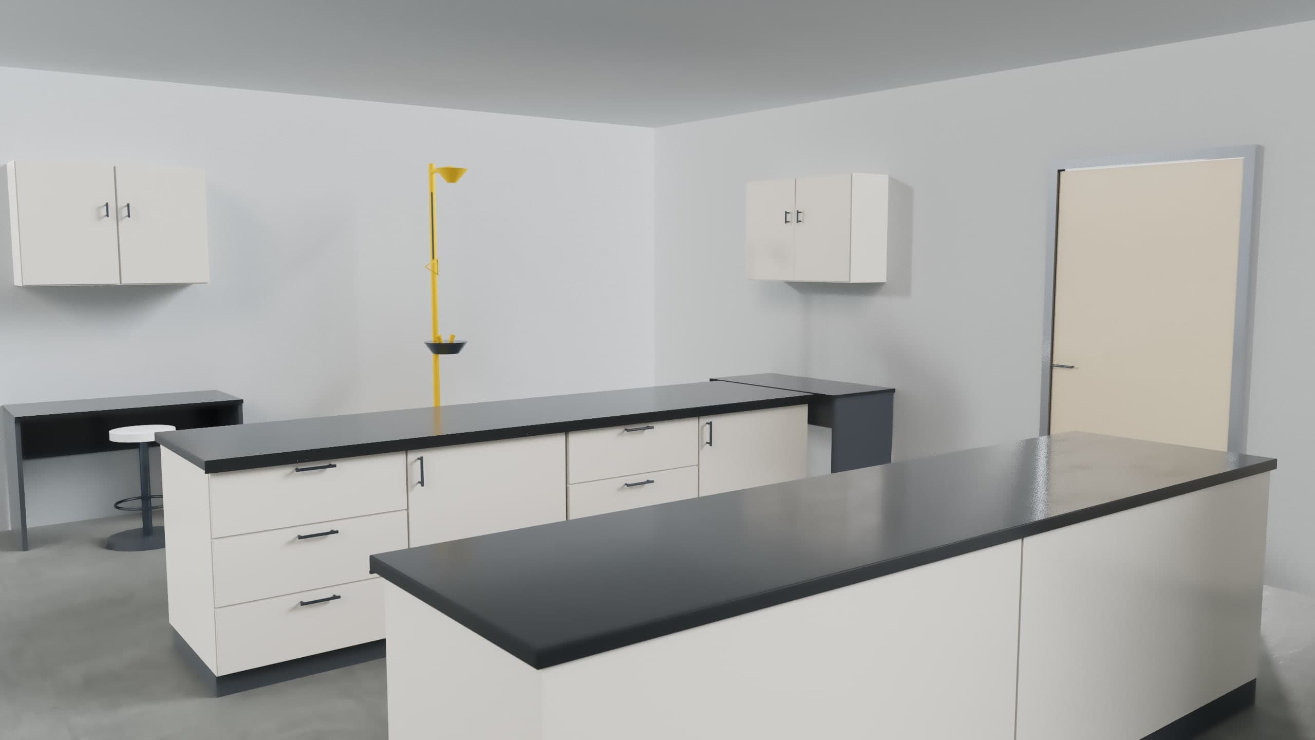 Path-traced 3D render of a laboratory: bench islands with black worktops, wall cabinets, a write-up desk with a stool, an emergency shower and eyewash, and a door